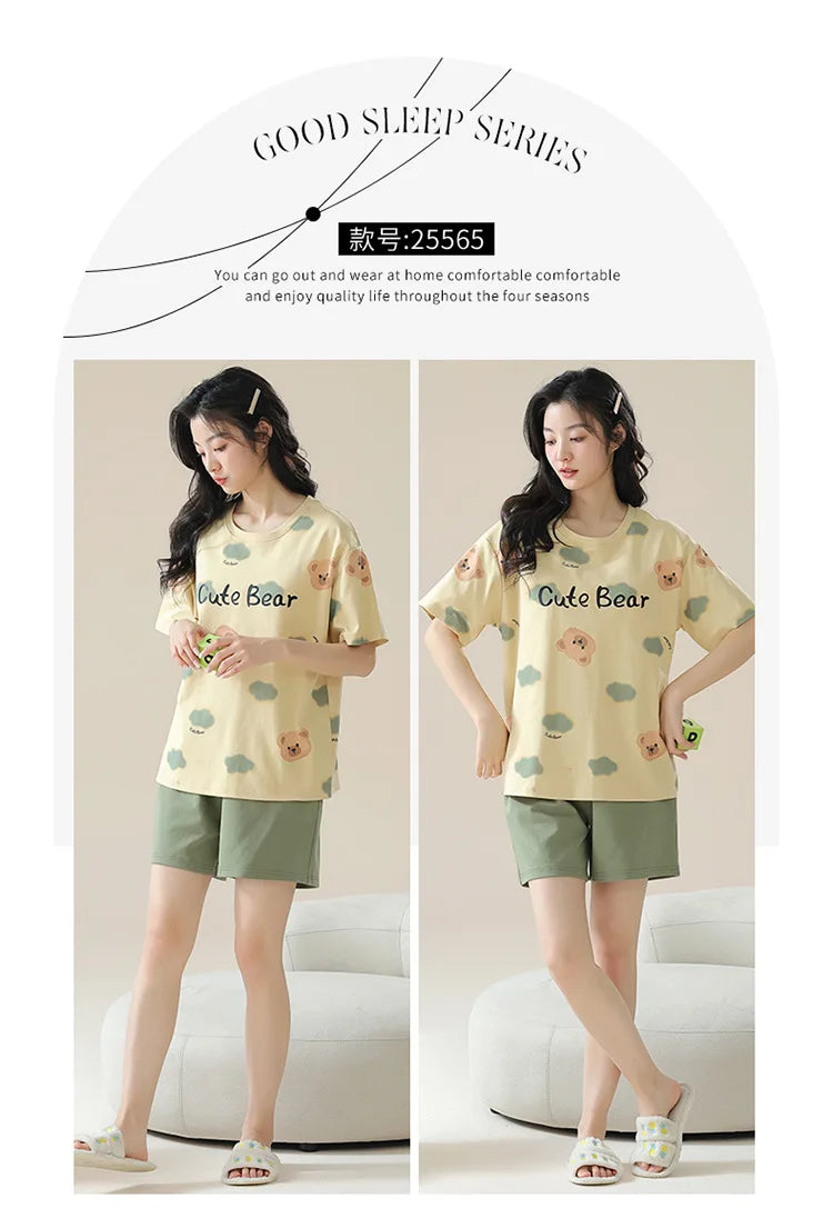 Female Summer Pijamas Short Women Cotton Pajamas Sleeve Shorts Nightwear Sweet Sleepwear Cartoon Pyjamas Woman Home Suit