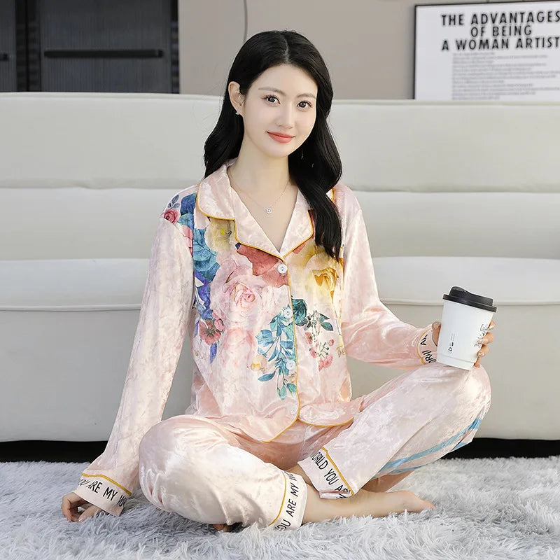 Women Pajama Sets Velvet Pajamas Women's Fall Long-sleeved Set of Women's Senior Fashion Cardigan Models Plus Size Homewear