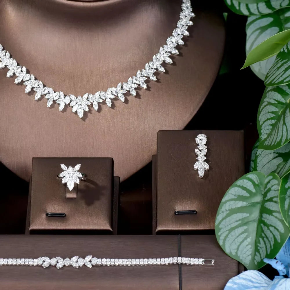 Fashion Cubic Zircon Leaf Pendant Necklace and Earrings Set 4PCS Bridal Wedding Jewelry Set for Women Gifts Bijoux  S-353