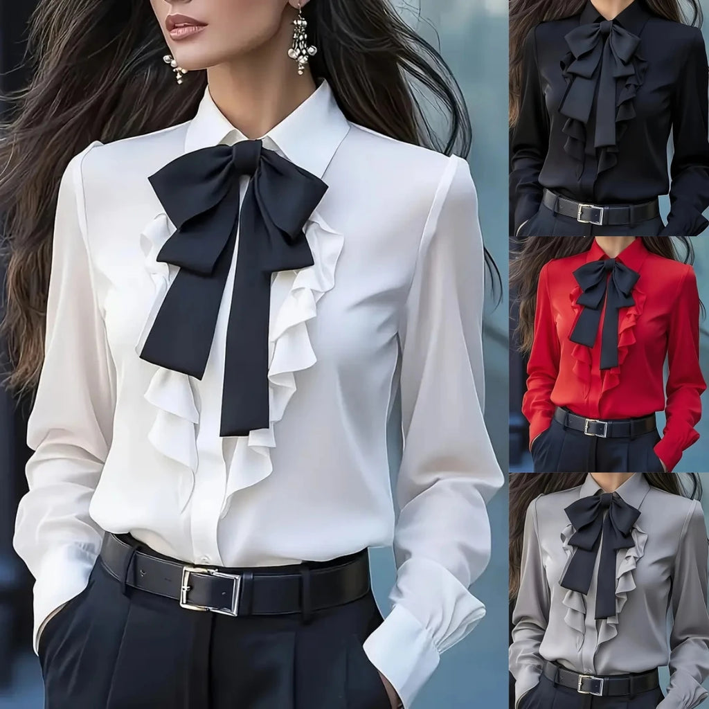 Women's Formal Shirt Collar Bow Tie Ruffles Long Sleeve Blouse