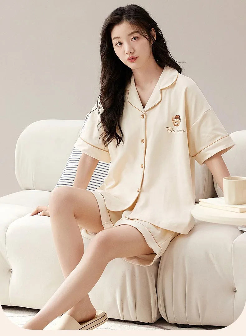 Dropshipping Female Pijamas Cartoon Summer Short Women Pajamas Sleeve Shorts Nightwear Sweet Sleepwear Pyjamas Woman Home Suit