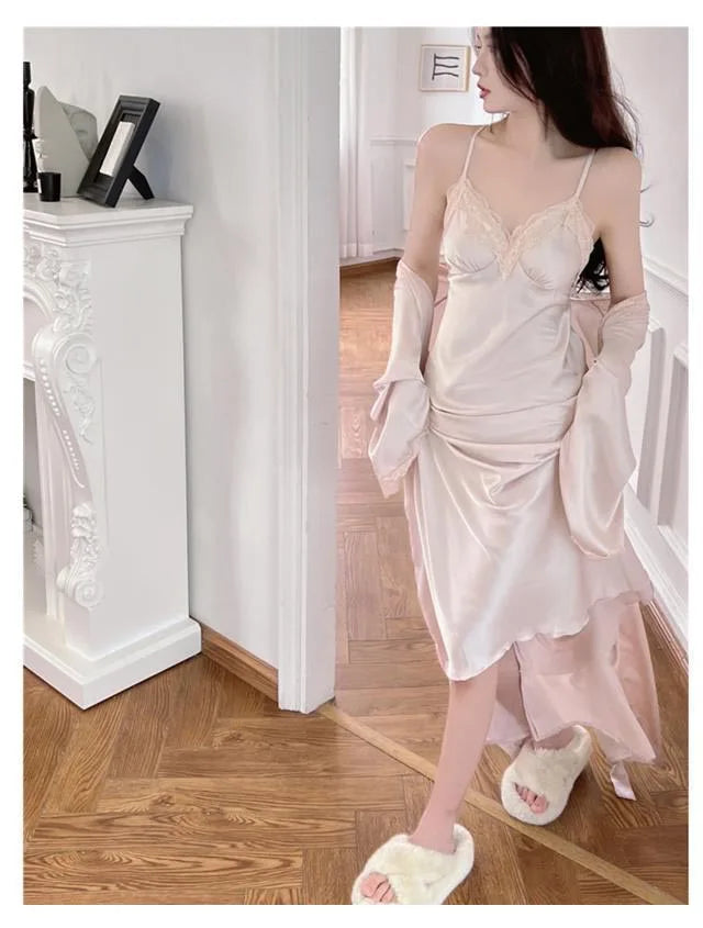 Sexy Ladies Silk Homewear French Pajamas Women's Spring And Fall Senior Ice Silk Extra-long Nightgown Wedding Bride Robe