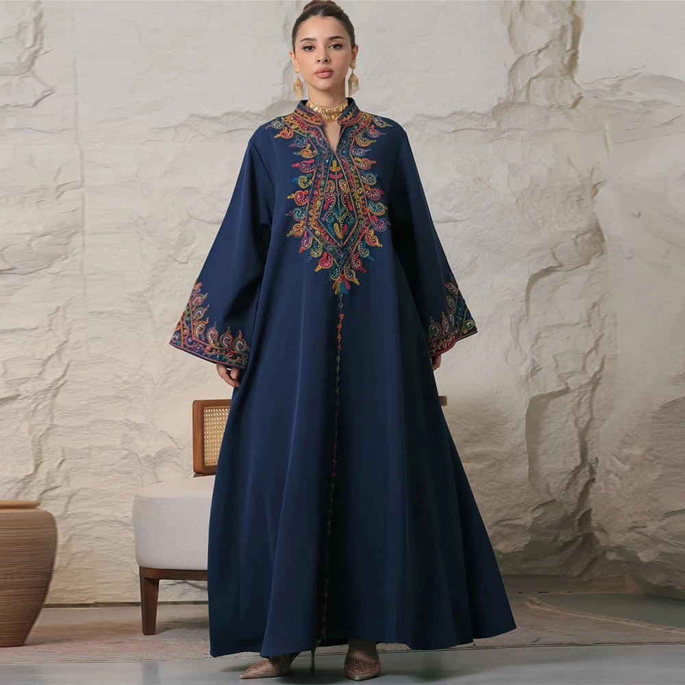 Uni Embroidery V-Neck Long Dress Dubai Arab Abaya For Muslim Woman Loose Moroccan Saudi Ethnic Jalabiya Fashion Robe 2026
