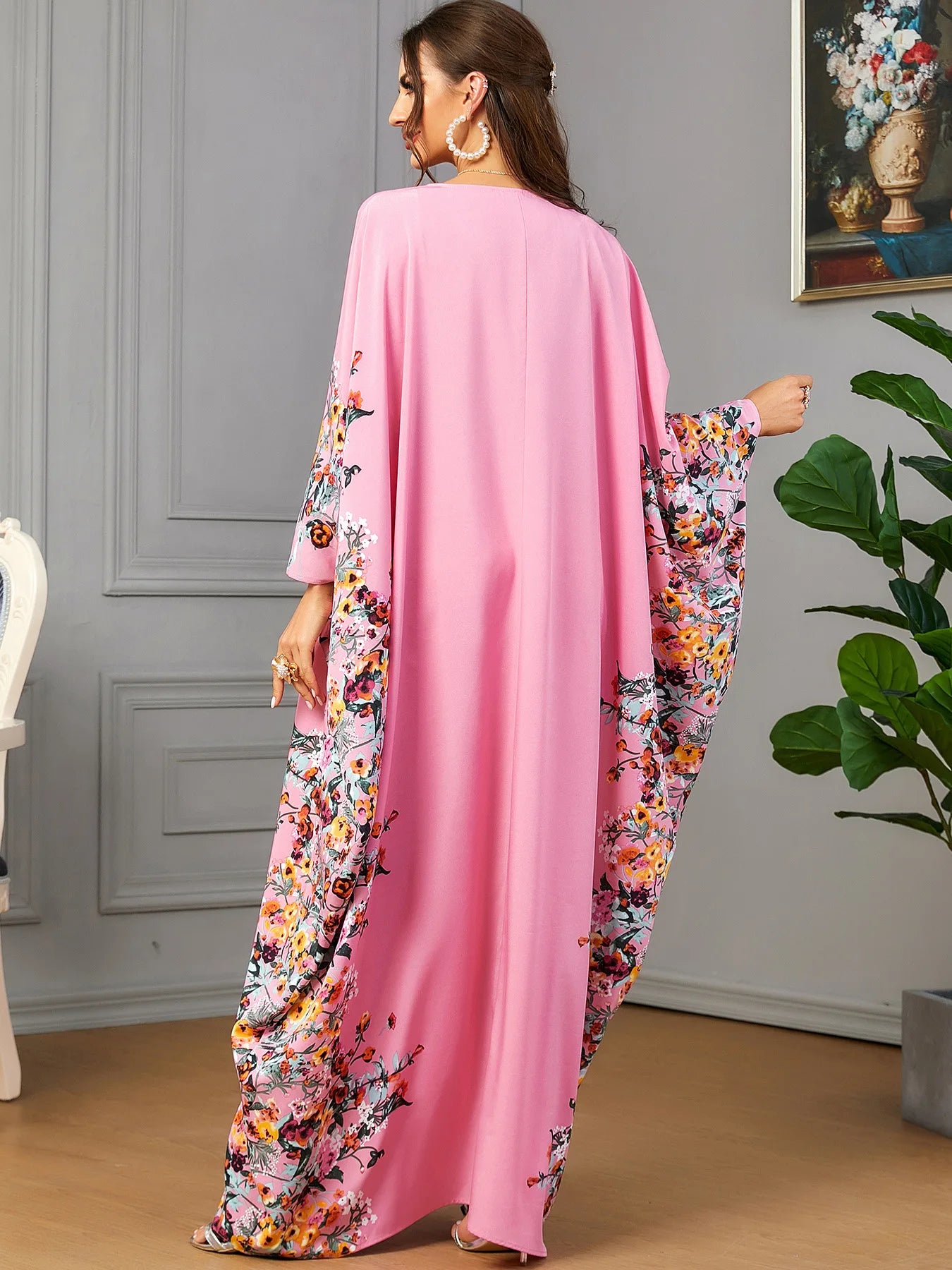 Eid Muslim Party Dress for Women Ramadan Abaya Bat Sleeve Print Long Robe Morocco Kaftan Vestidos Largos Dubai Jalabiya 2024