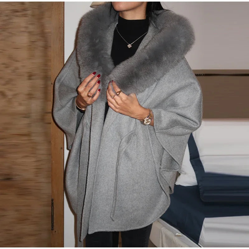 Elegant Fur Shawl Women's Coat Long Sleeve Patchwork Woolen Lace Up V-neck Solid Female Coats 2025 Autumn Winter Lady Jackets