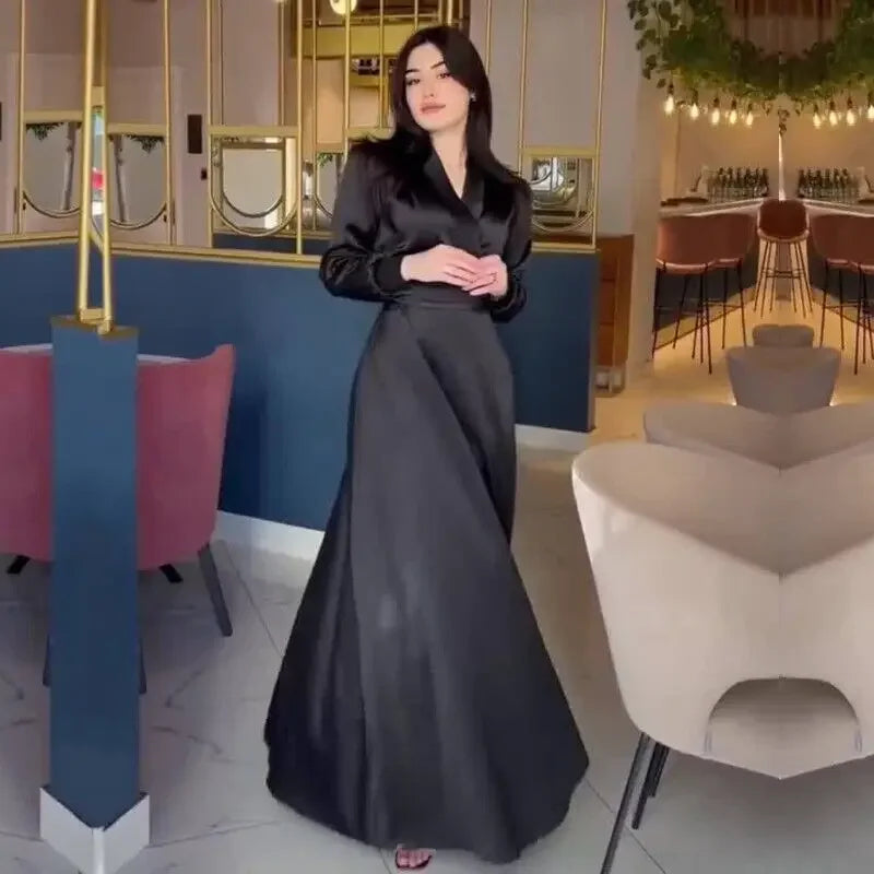 Women's Long Sleeve V-Neck Satin Dress Muslim Robe Dubai Abaya Turkey Party Gown Morocco Arab Clothes Modest Kaftan Fashion
