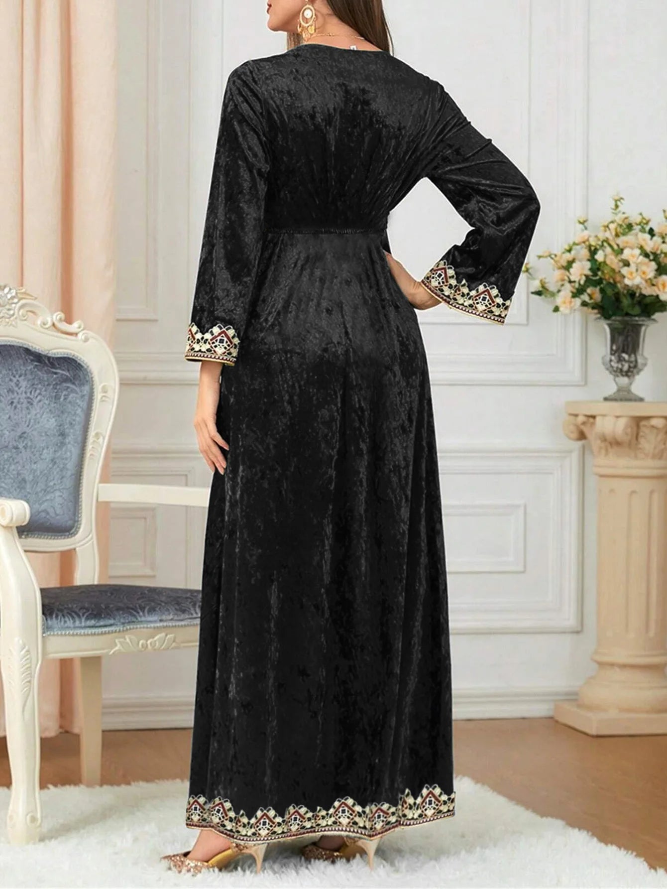SuperAen Fashion Autumn and Winter New Dress Velvet Fashionable Elegant V-neck Pullover Long A-line Dresses