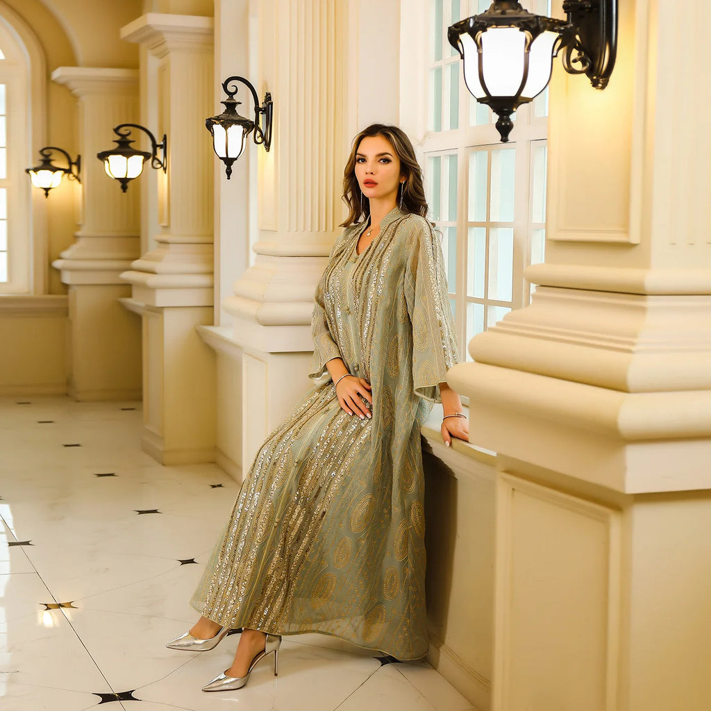 Fashion Muslim Jalabiya Abaya for Women Elegant Long Sleeve Dress Dubai Turkey Loose Sequin Dress Moroccan Islamic Party Clothes