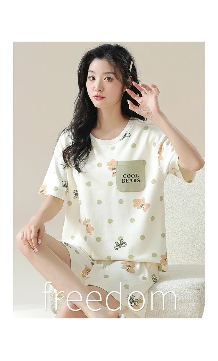 Female Summer Pijamas Short Women Cotton Pajamas Sleeve Shorts Nightwear Sweet Sleepwear Cartoon Pyjamas Woman Home Suit