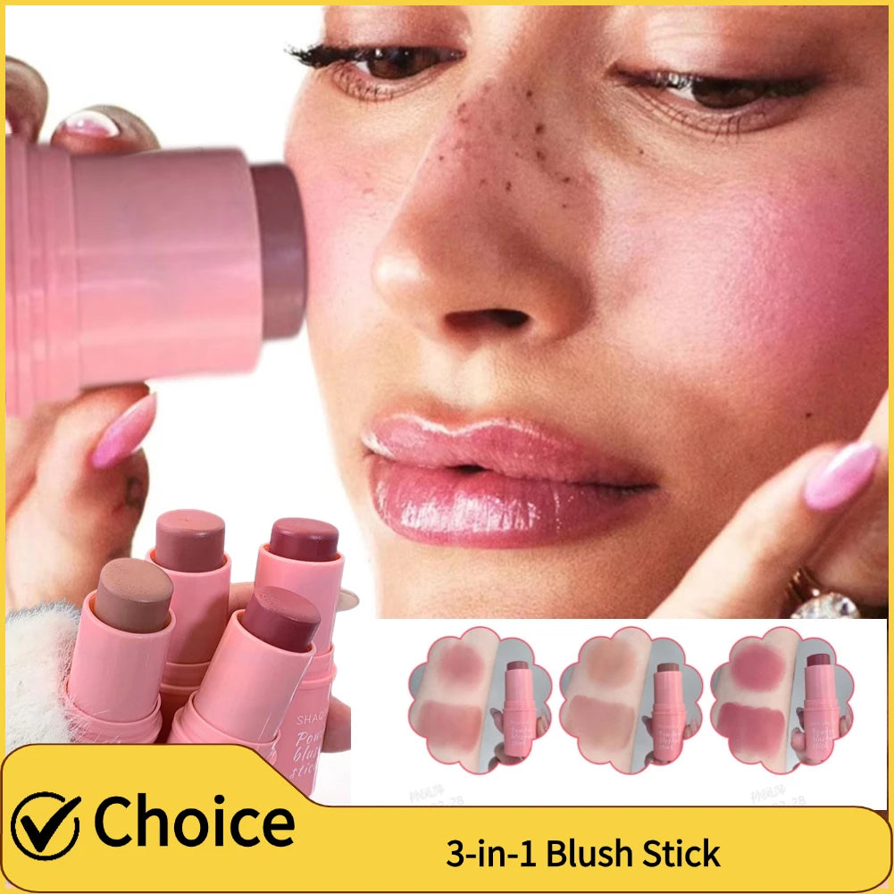 3-in-1Blush Stick Lasting Brightens Facial Cheek Stick Moisturizing Flash Lip Gloss Makeup Lip Gloss Face Rouge