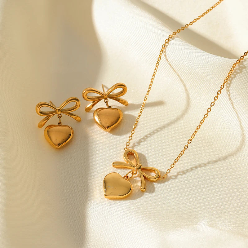 EILIECK 316L Stainless Steel Gold Color Heart Star Flower Necklace Earrings Set For Women Trendy Waterproof Jewelry Holiday Gift