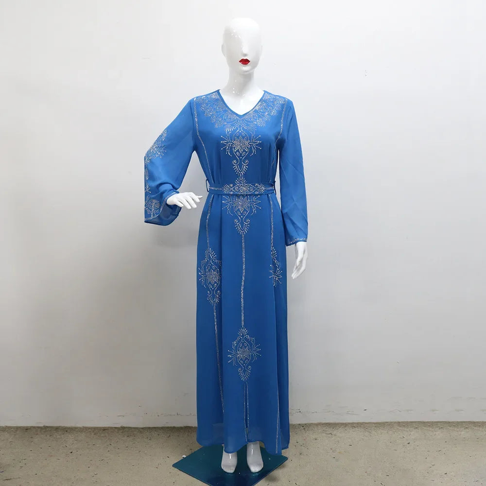 2026 Saudi Arabia Dubai Fashion Diamond Dress Women Muslim Dresses Abaya Chiffon Robe Middle Eastern Women's Clothing Maxi Dress