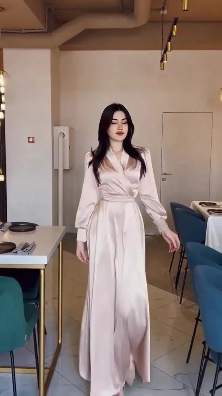Women's Long Sleeve V-Neck Satin Dress Muslim Robe Dubai Abaya Turkey Party Gown Morocco Arab Clothes Modest Kaftan Fashion