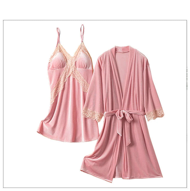 Pajama Set Woman Thick Flannel Velvet Female Fall Sexy Lace Long-sleeved Suit With Corset Pads Sling Nightgown Robe Homewear