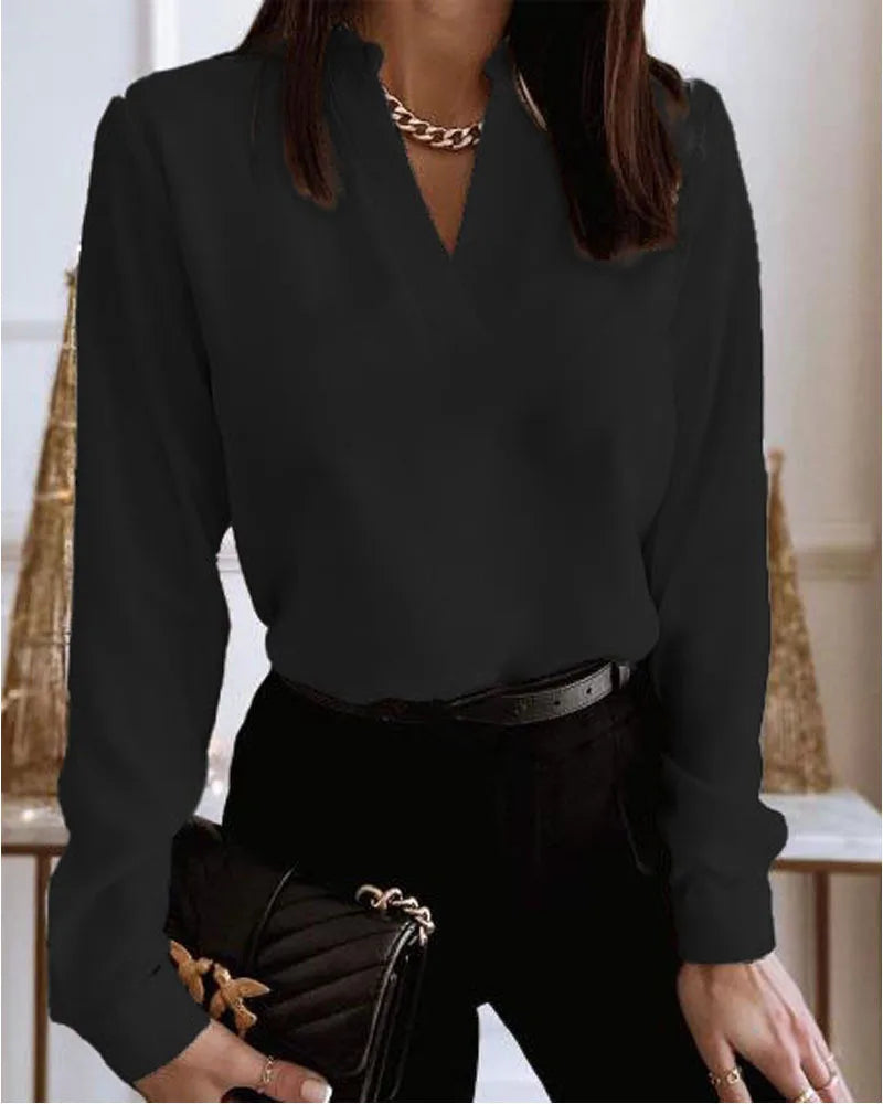 Spring Autumn White Shirt Women Fashion V-neck Long Sleeve Elegant Office Ladies Shirts Casual Tops Loose Tee