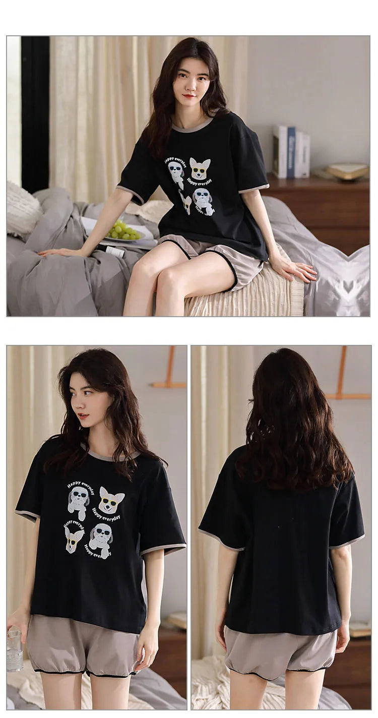 Spring Summer Pure Cotton Womens Pajama Sets Sexy Black Nightwear Casual Pyjama Long Pants Sleepwear Suits Homewear Fashion
