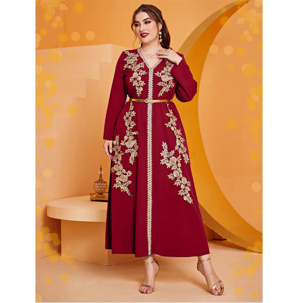 Women Fashion Muslim Embroidery Maxi Dress Belted Kaftan Marocain Abaya Dubai Gown Turkey Femme Caftan Ramadan Eid Jalabiya Robe