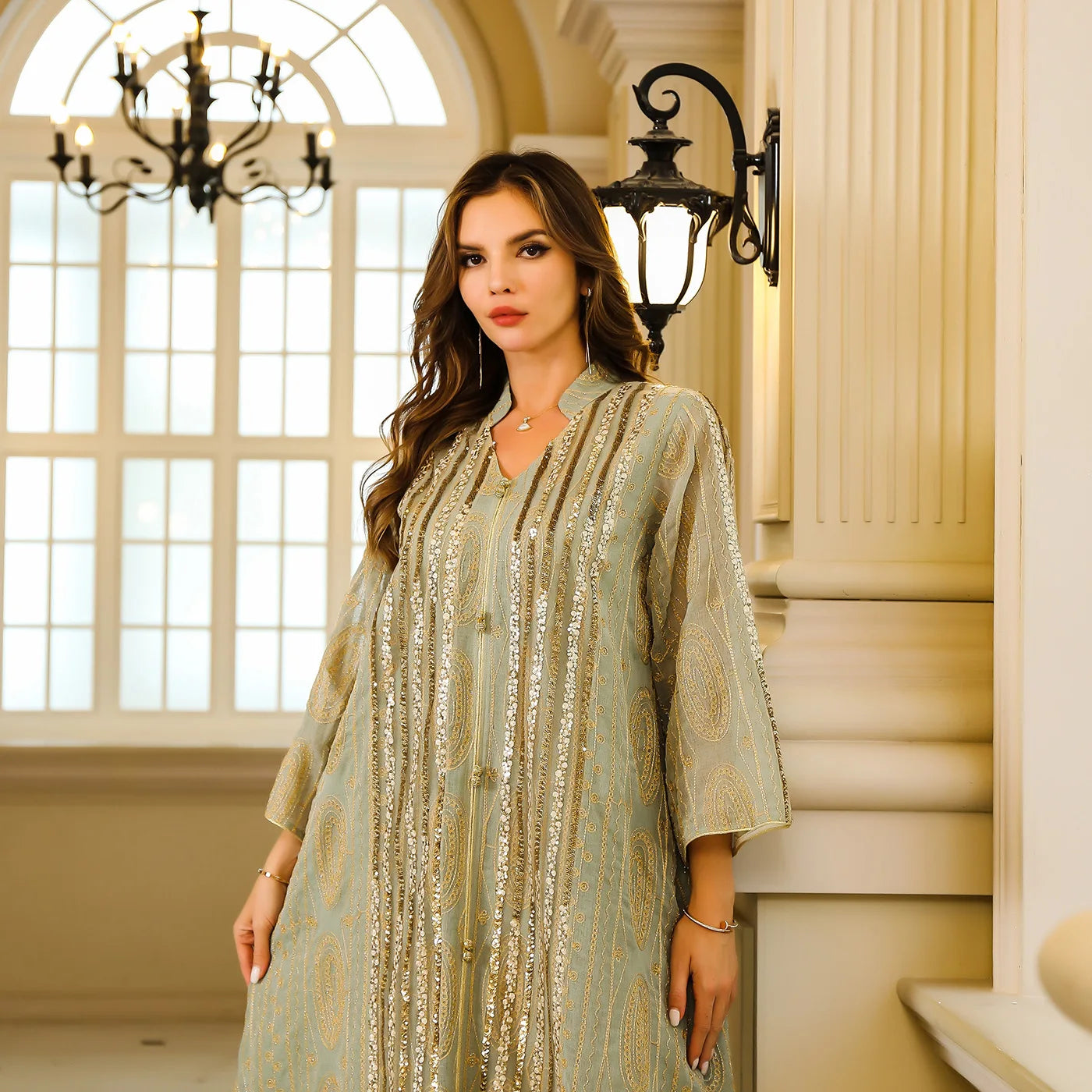 Fashion Muslim Jalabiya Abaya for Women Elegant Long Sleeve Dress Dubai Turkey Loose Sequin Dress Moroccan Islamic Party Clothes