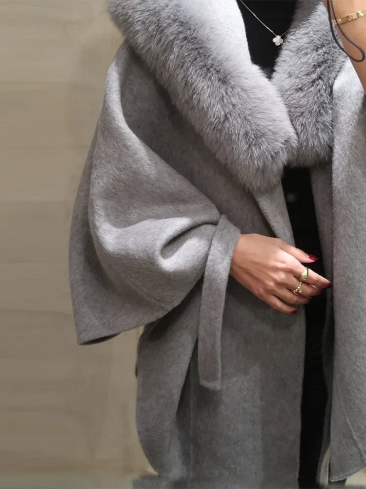 Elegant Fur Shawl Women's Coat Long Sleeve Patchwork Woolen Lace Up V-neck Solid Female Coats 2025 Autumn Winter Lady Jackets