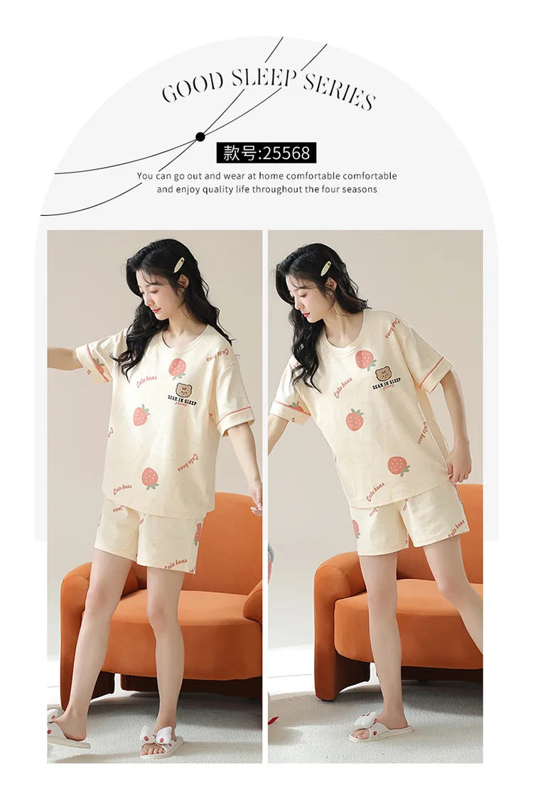 Female Summer Pijamas Short Women Cotton Pajamas Sleeve Shorts Nightwear Sweet Sleepwear Cartoon Pyjamas Woman Home Suit