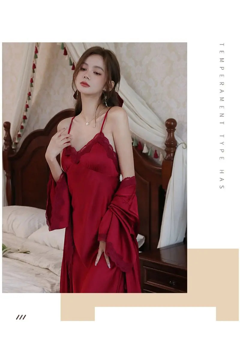 Sexy Ladies Silk Homewear French Pajamas Women's Spring And Fall Senior Ice Silk Extra-long Nightgown Wedding Bride Robe