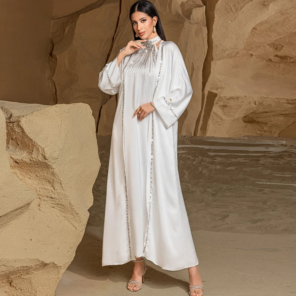 Ramadan White Dubai Satin Evening 2 Piece Set Abaya Muslim Prayer Clothes African Dresses For Women Robe Femme Musulmane Kaftan