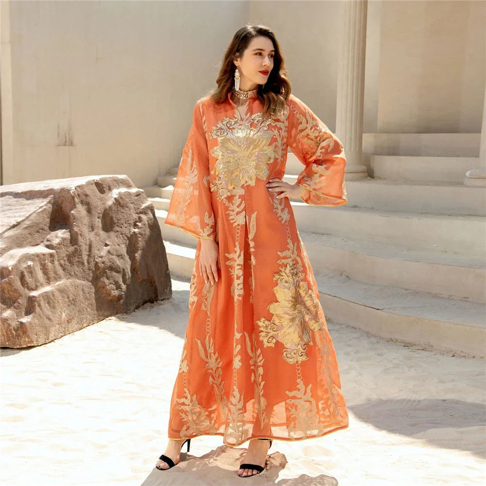 Muslim Abaya Dress Dubai Ramadan Sequins Floral Embroidered Moroccan Caftan Women Evening Gown Eid Djellaba Jalabiya Vestidos