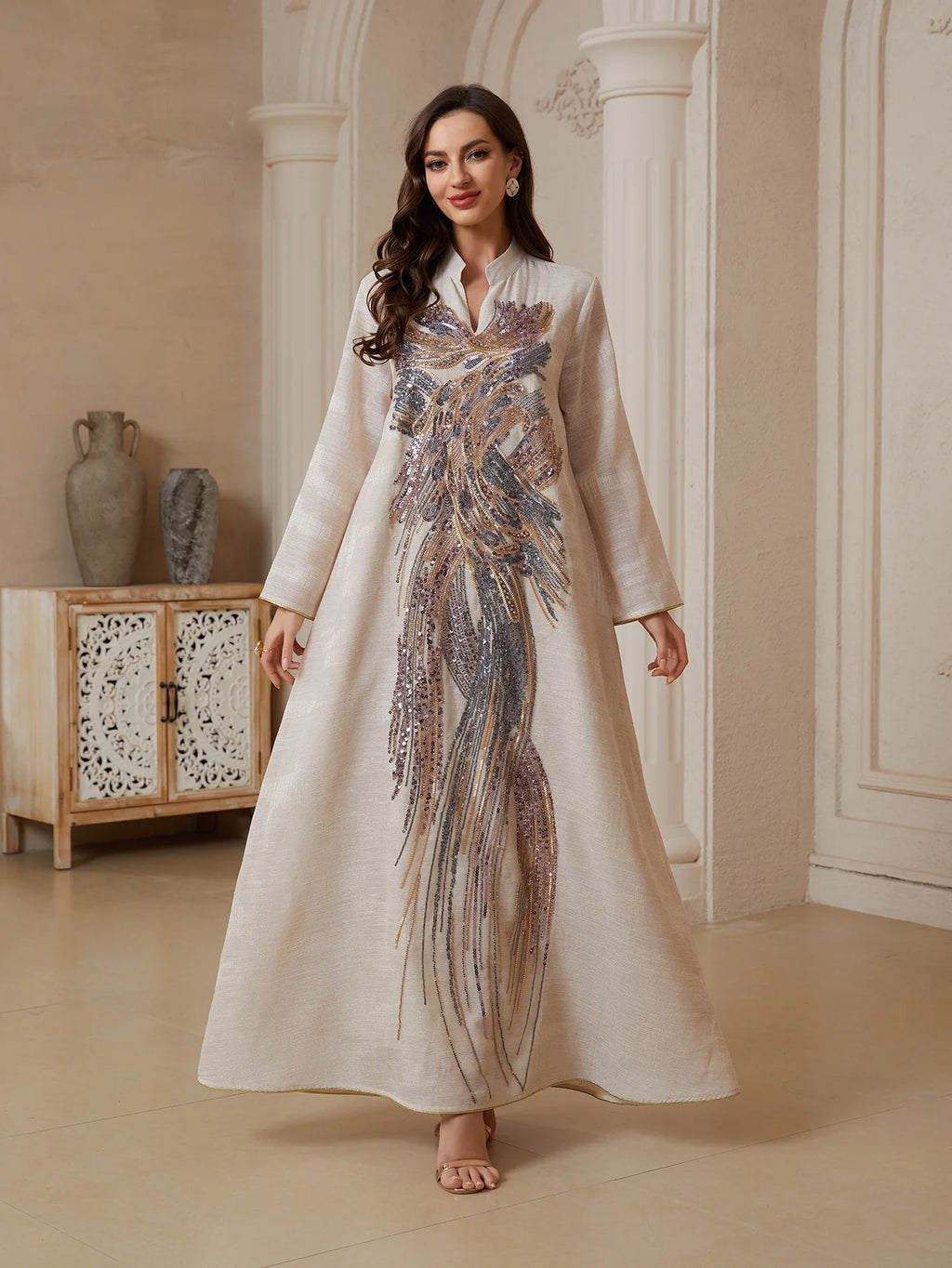 Uni Dubai Sequins Embroidery Luxury Woman Evening Dress Mesh Sleeve Abaya V-Neck Beaded Caftan Marocain Femme 2025
