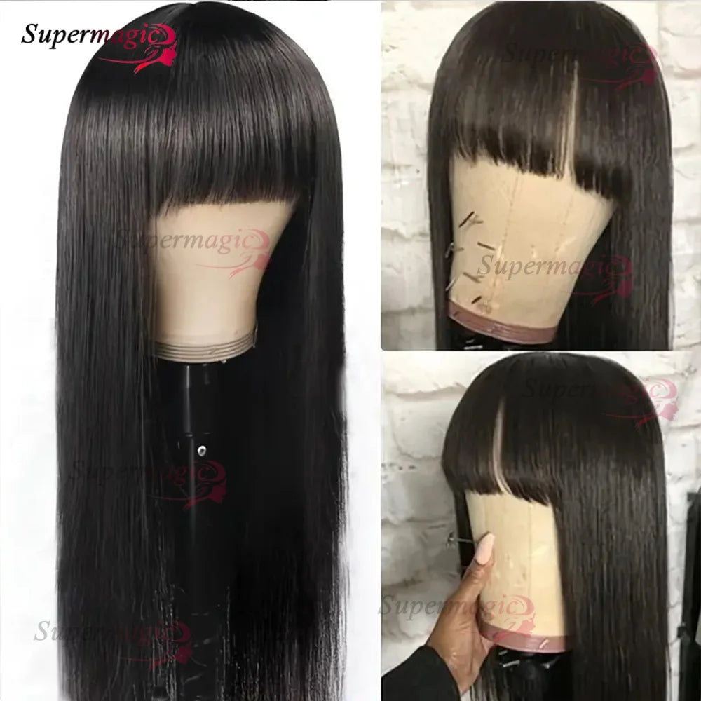 Raw Indian Bone Straight Human Hair With Bangs 4x4 Lace Middle Part Wigs For Black Women Brazilian 30 32 Inch Cheap Glueless Wig