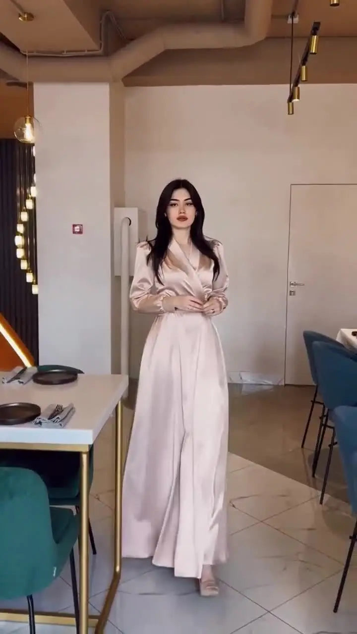 Women's Long Sleeve V-Neck Satin Dress Muslim Robe Dubai Abaya Turkey Party Gown Morocco Arab Clothes Modest Kaftan Fashion
