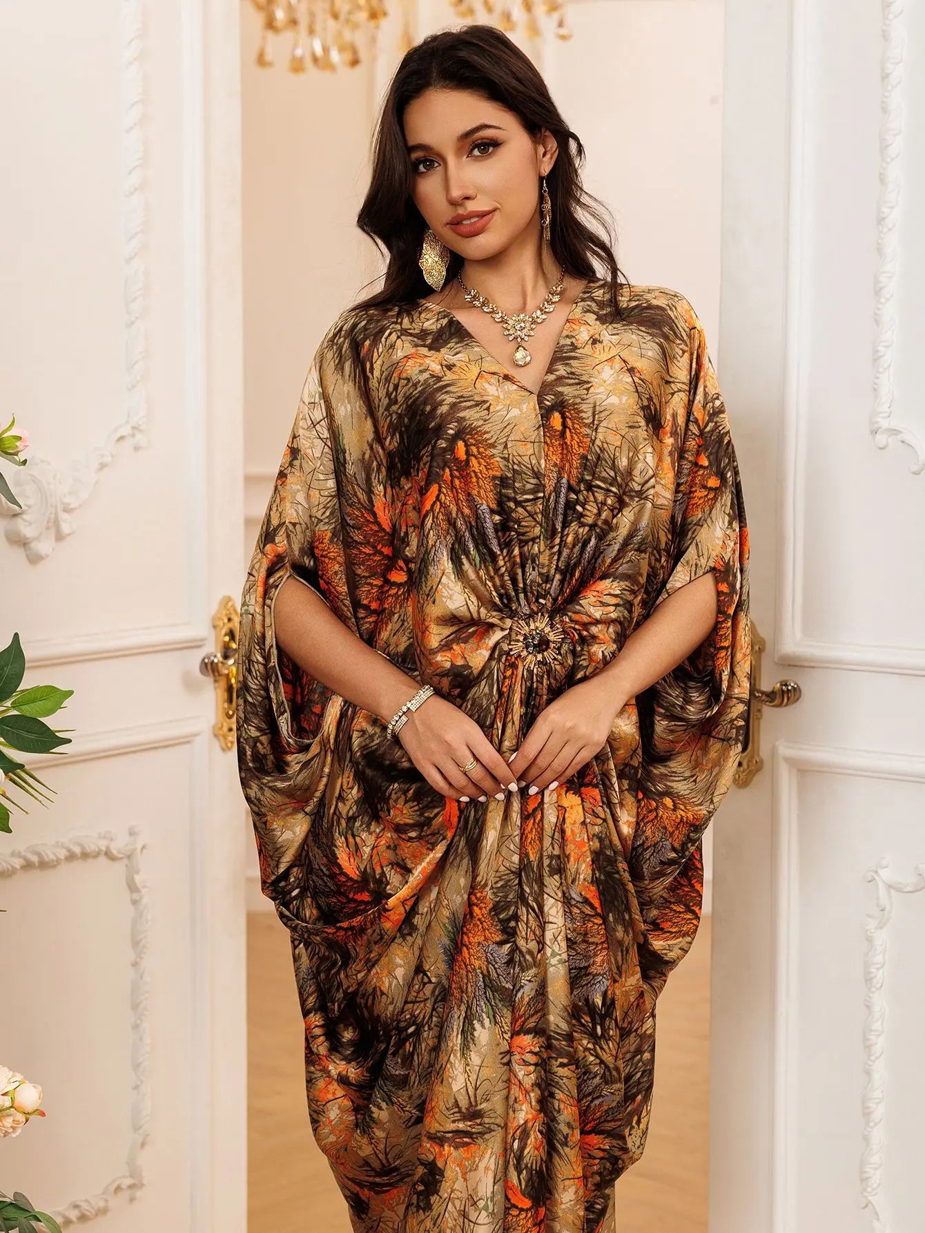 Eid Women Dress Muslim Abaya Print V Neck Party Jalabiya Ramadan Long Dresses Abayas Vestidos Largos Kaftan Arab Long Robe 2025