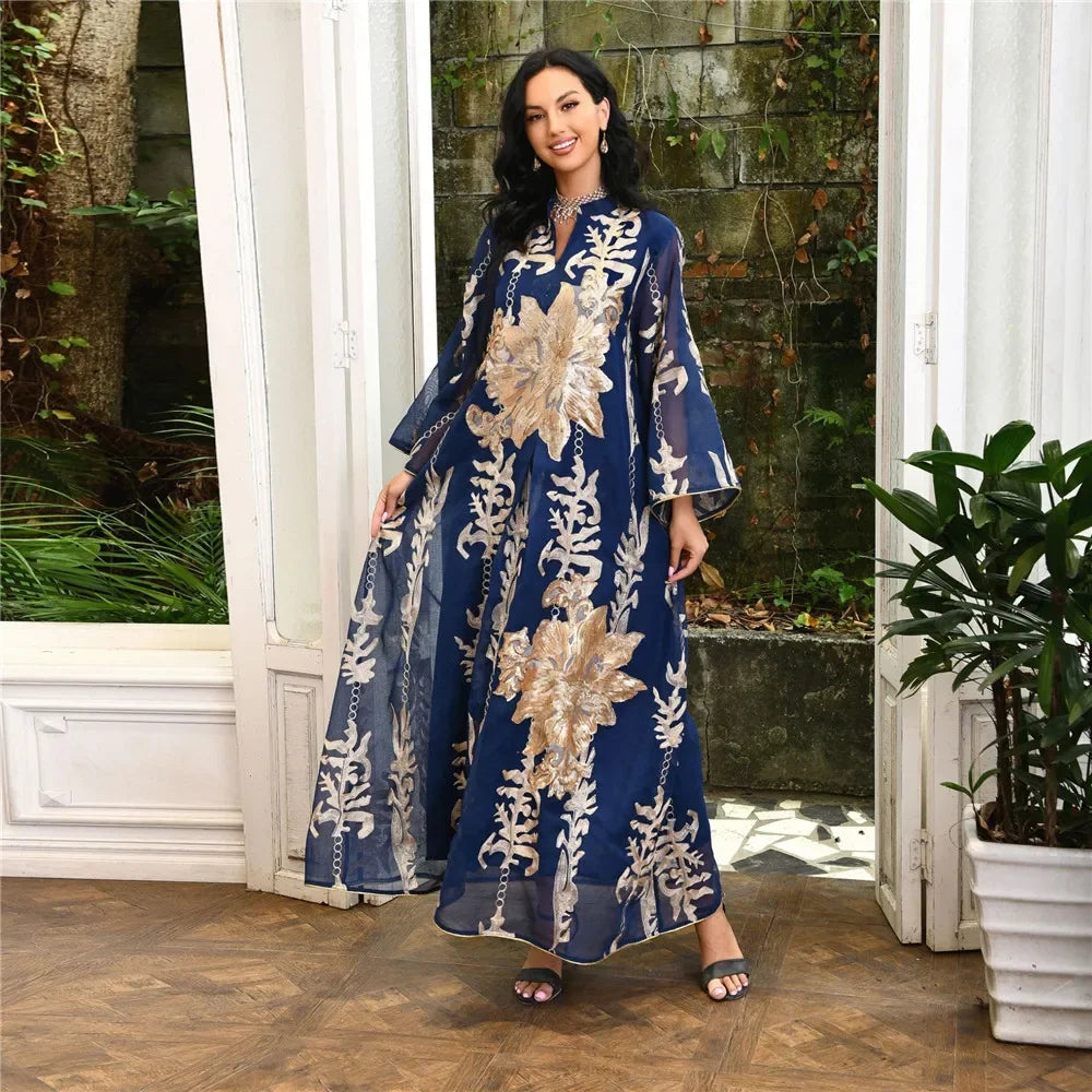 Muslim Abaya Dress Dubai Ramadan Sequins Floral Embroidered Moroccan Caftan Women Evening Gown Eid Djellaba Jalabiya Vestidos
