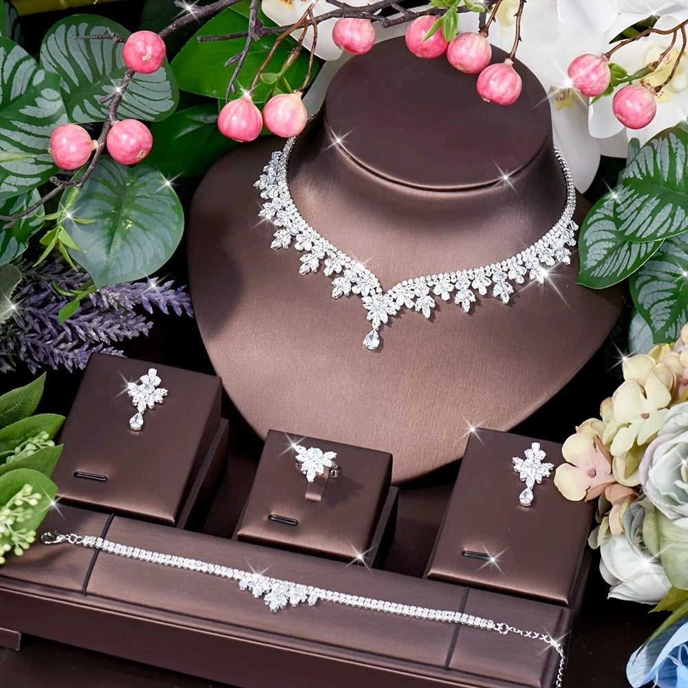 Simple CZ Ladies Jewelry Sets Water Drop Cubic Zirconia Crystal Tassel Earrings and Necklace Set for Women Gifts S-341