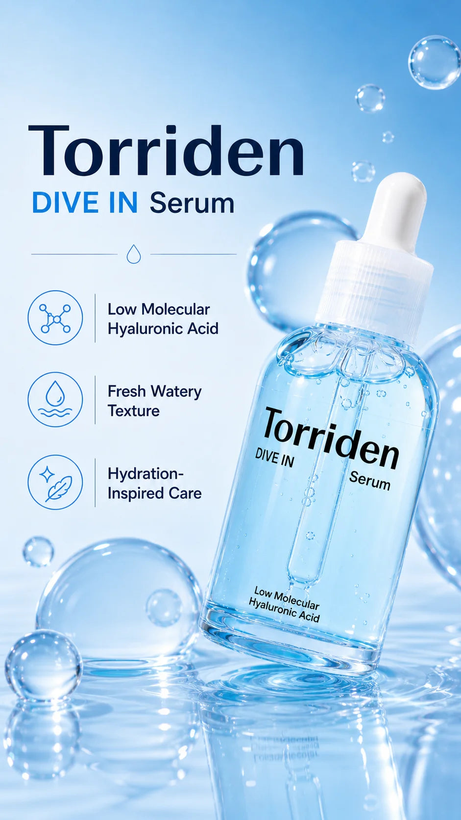 Torriden DIVE-IN Low-Molecular Hyaluronic Acid Serum 50ml,Featherlight,Moisture Retention Aid,Korean Skincare,for Korean Makeup