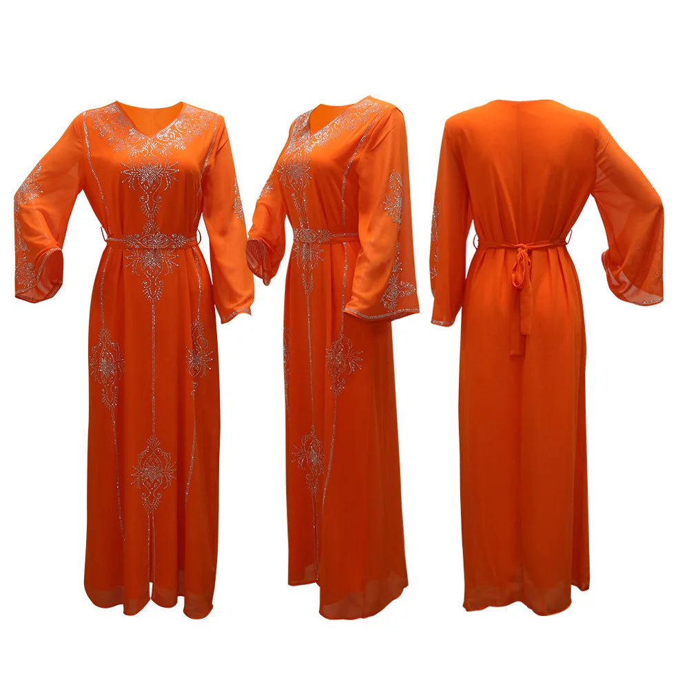 2026 Saudi Arabia Dubai Fashion Diamond Dress Women Muslim Dresses Abaya Chiffon Robe Middle Eastern Women's Clothing Maxi Dress