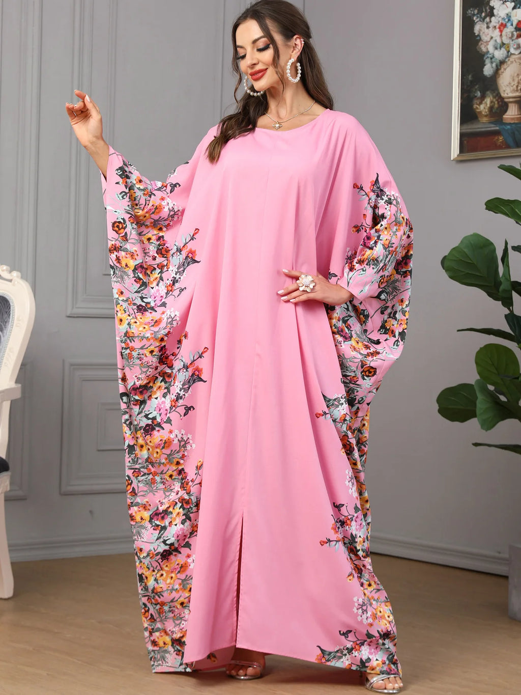 Eid Muslim Party Dress for Women Ramadan Abaya Bat Sleeve Print Long Robe Morocco Kaftan Vestidos Largos Dubai Jalabiya 2024