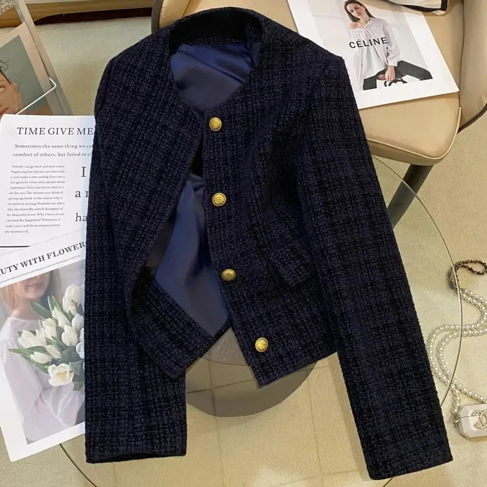 Short Quilted Shoulder Padded Coat for Women Autumn New Style French Lady Elegant Design Retro Top Pure Color round Neck Coat