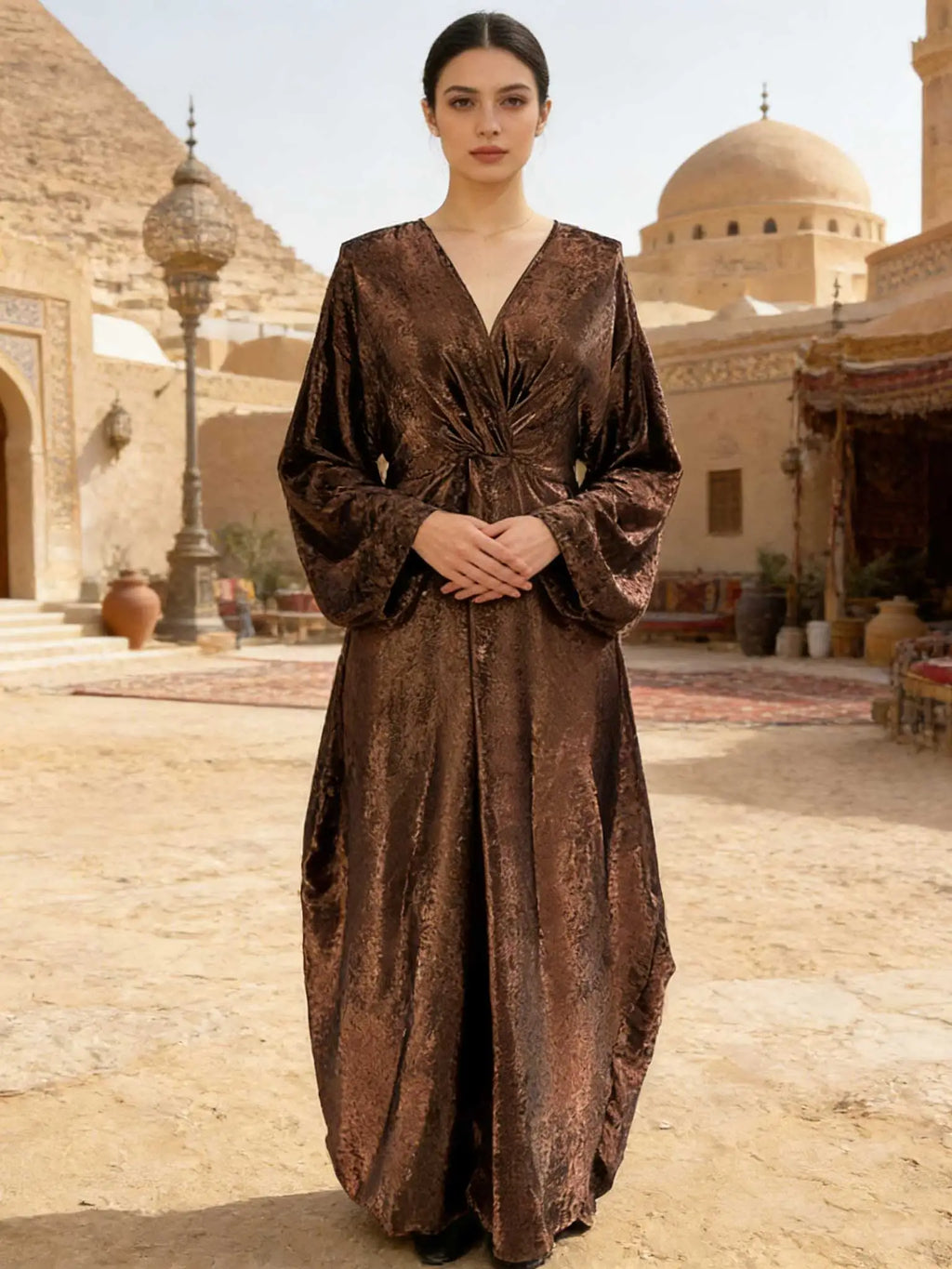 Elegant Golden Shiny Fabric V-Neck Twist Detail Batwing Sleeve Abaya Maxi Dress Women Muslim Moroccan Kaftan Ramadan Jalabiya