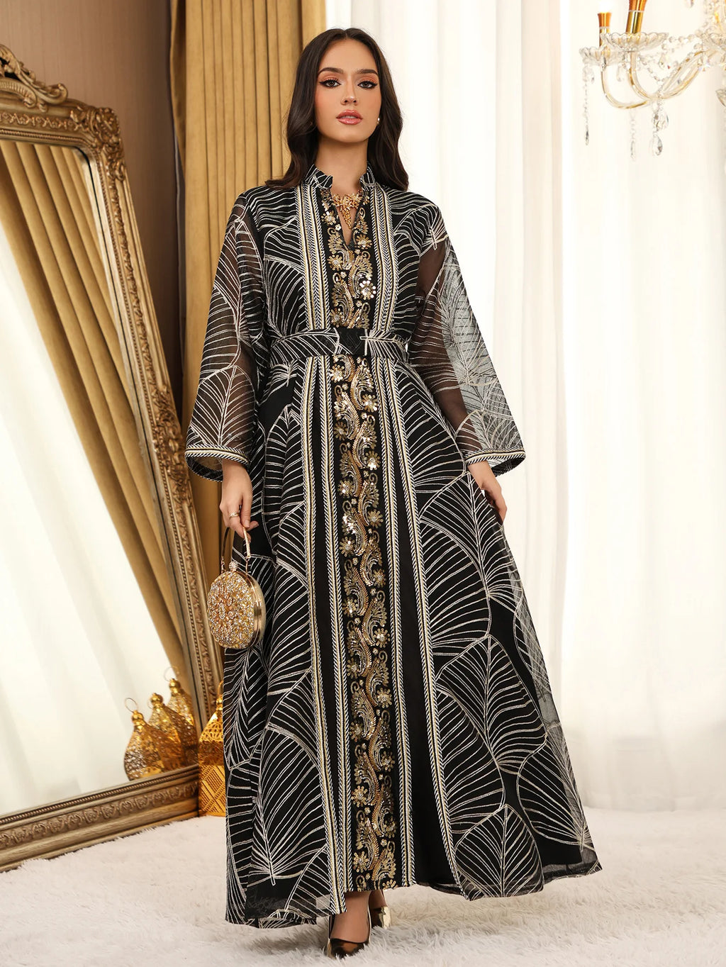 Women Mesh Sequins Dress Elegant Abaya  Eid Party Gorgeous Embroidery Dresses Lace-up Muslim Jalabiya  Vestidos Largos Robe 2025