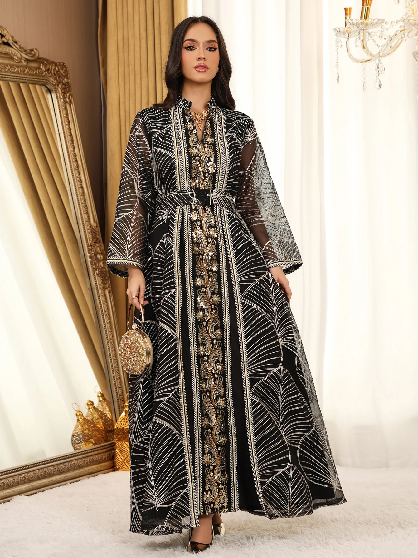 Women Mesh Sequins Dress Elegant Abaya  Eid Party Gorgeous Embroidery Dresses Lace-up Muslim Jalabiya  Vestidos Largos Robe 2025