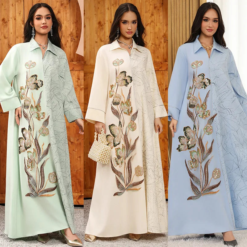 Eid Abaya Party Dress Women Lapel Shirt Dresses Sequins Embroidery Office Lady Muslim Jalabiya Ramadan Vestidos Largos Robe