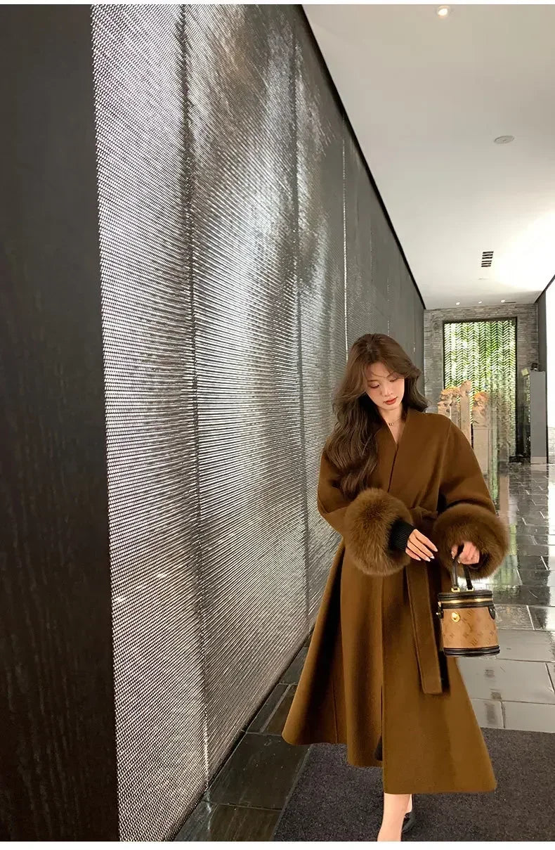 Elegant Warm Woolen Coats Real Fur Jacket with Belt Loose Fashion Outerwears 2024 Women Big Fur Collar Overcoats Female