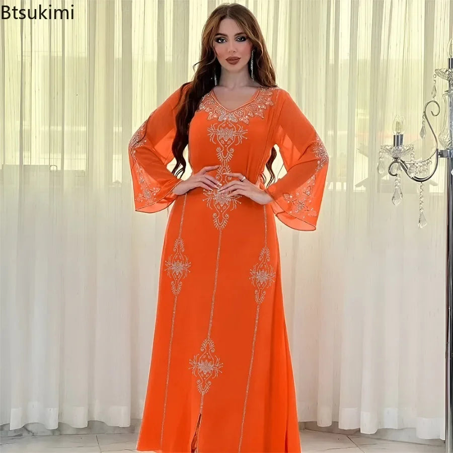2026 Saudi Arabia Dubai Fashion Diamond Dress Women Muslim Dresses Abaya Chiffon Robe Middle Eastern Women's Clothing Maxi Dress