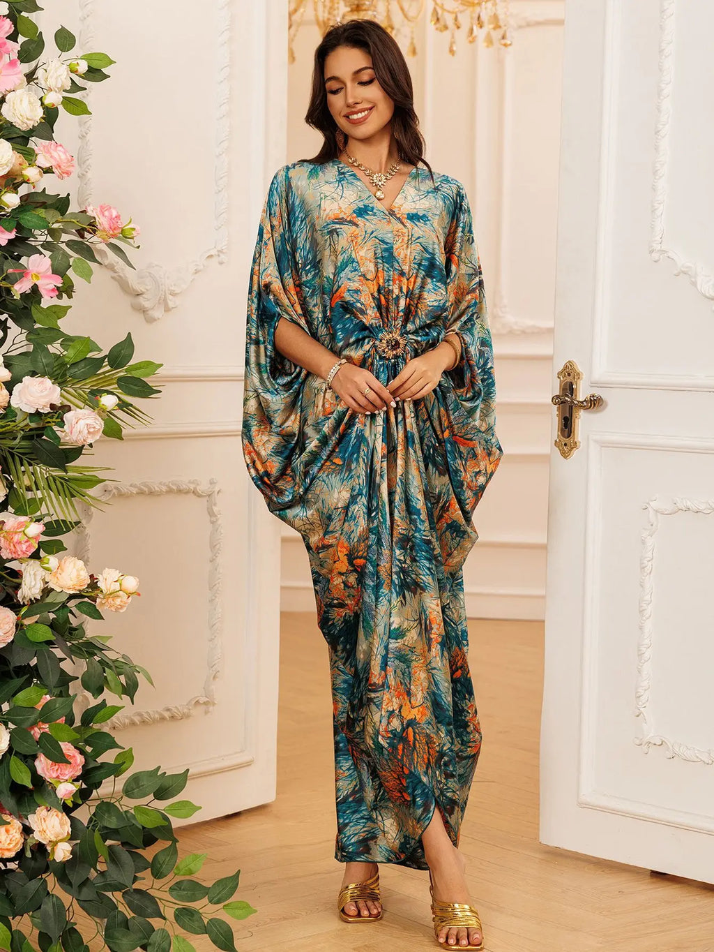 Eid Women Dress Muslim Abaya Print V Neck Party Jalabiya Ramadan Long Dresses Abayas Vestidos Largos Kaftan Arab Long Robe 2025