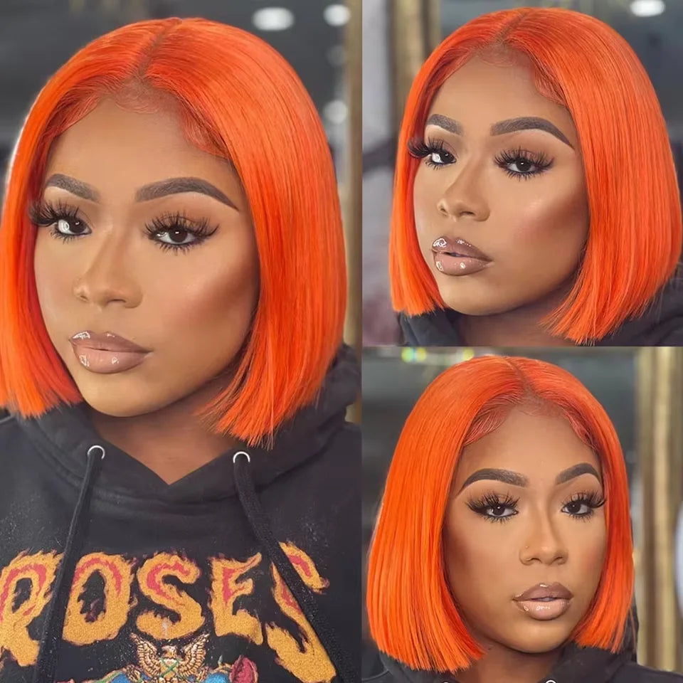 Ginger Orange Bob Wig Human Hair Straight 13x4 Short Bob Transparent Lace Frontal Wigs 200 Density Brazilian Hair Short Bob Wigs