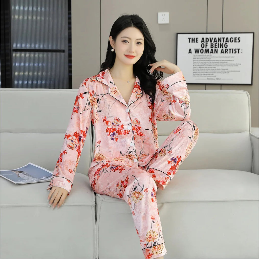 Elegant Women Pajamas 2-Piece Set long sleeved pants Print Velvet Pajamas Homewear Ladies Pajamas Women Sleepwear