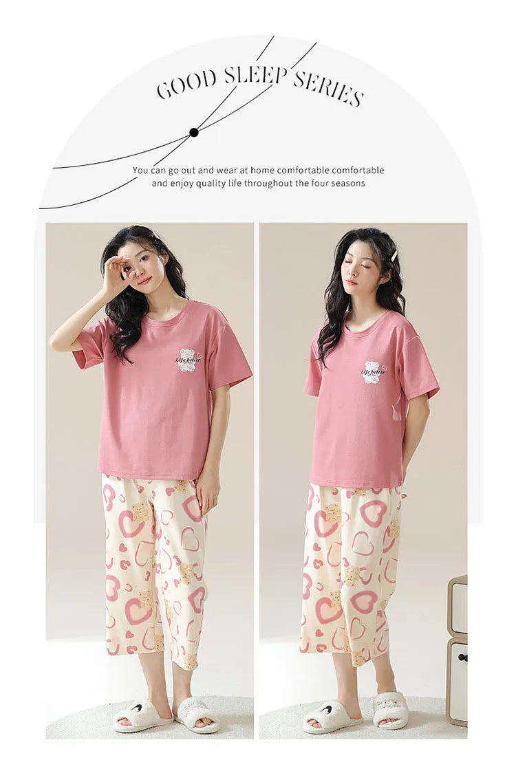 New Summer Pajamas Homewear Suit Women's Short-Sleeved Long Pants Ladies Large Size Loose Leisure Homewear Two-Piece Set