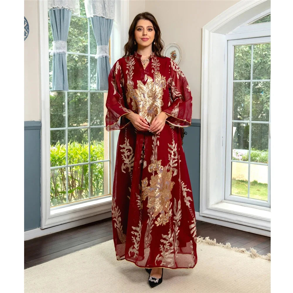 Muslim Abaya Dress Dubai Ramadan Sequins Floral Embroidered Moroccan Caftan Women Evening Gown Eid Djellaba Jalabiya Vestidos