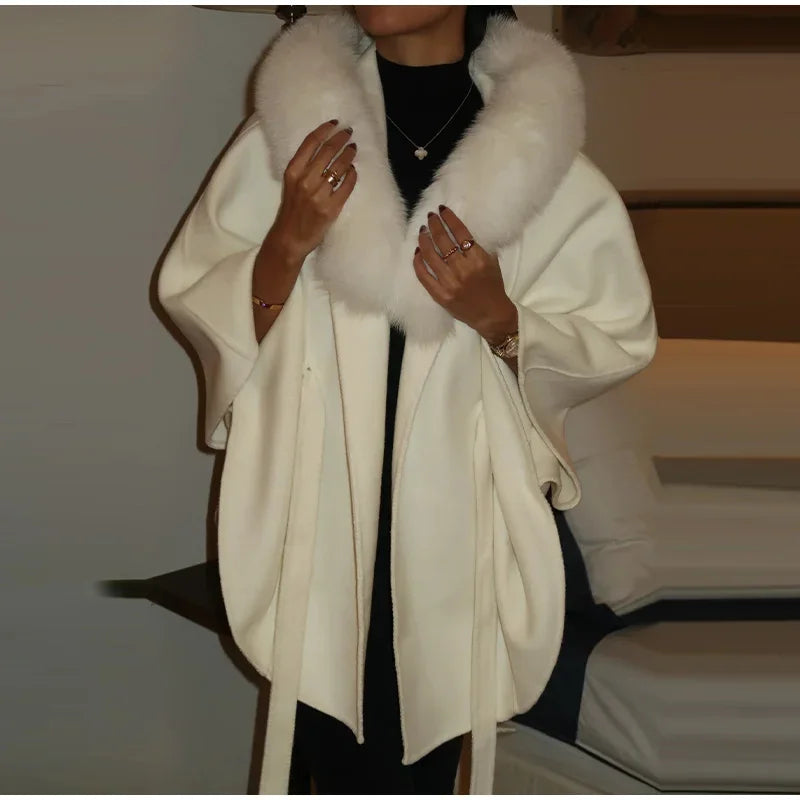 Elegant Fur Shawl Women's Coat Long Sleeve Patchwork Woolen Lace Up V-neck Solid Female Coats 2025 Autumn Winter Lady Jackets