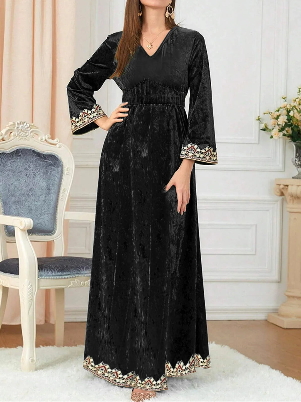 SuperAen Fashion Autumn and Winter New Dress Velvet Fashionable Elegant V-neck Pullover Long A-line Dresses